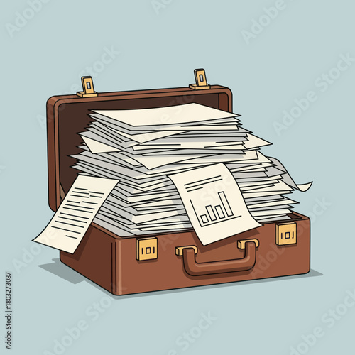 An open brown briefcase overflowing with a large, messy stack of business documents, reports, and paperwork.