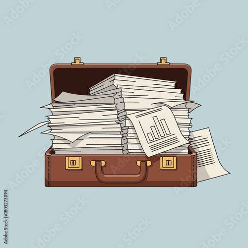 An open brown leather briefcase overflowing with stacks of documents and business reports.