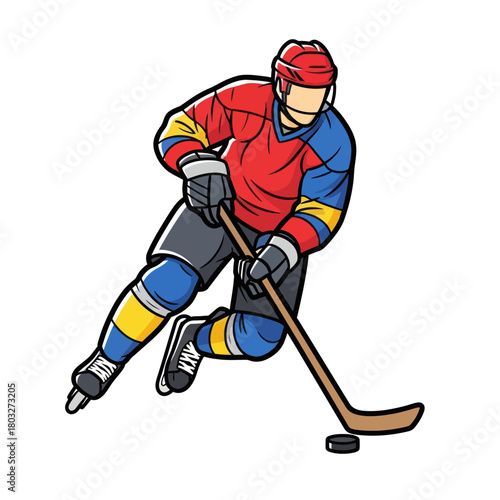 Cartoon ice hockey player in a red, blue, and yellow uniform skating with a stick and puck.