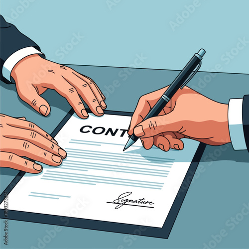 Close-up illustration of a businessman's hand signing a formal contract, finalizing a business deal.