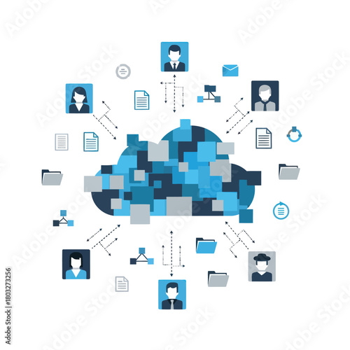 Cloud computing concept illustration with a central data cloud, user icons, documents, and folders representing network sharing and storage.