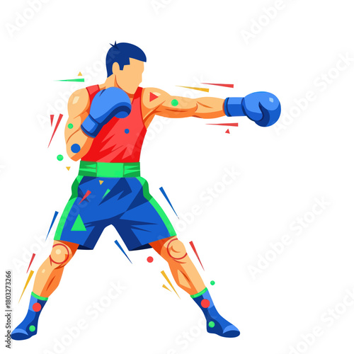 Colorful abstract illustration of a male boxer throwing a powerful punch.