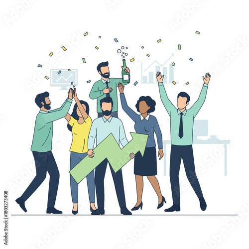 Diverse business team celebrating success with champagne and a green growth arrow.