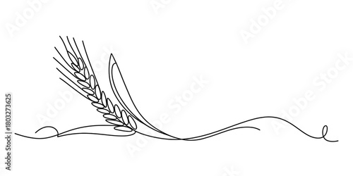 Continuous line drawing of a wheat ear, an agricultural symbol of harvest and organic food, perfect for bakery logos or natural product branding.