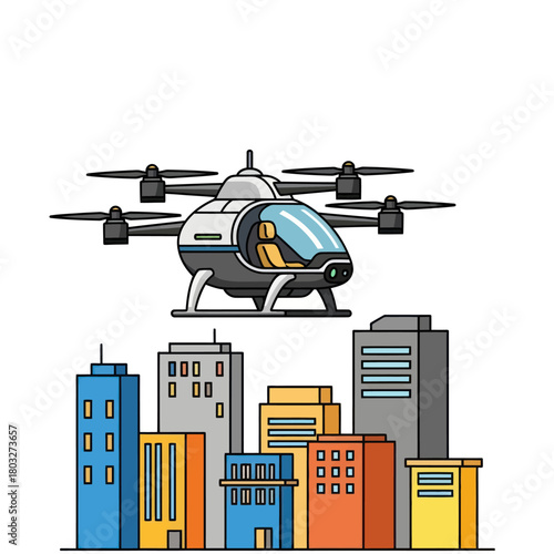 Futuristic passenger drone, an autonomous air taxi, flying over a colorful city skyline illustration.