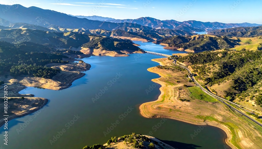Fototapeta premium Aerial View of Lake Surrounded by Hills and Greenery.