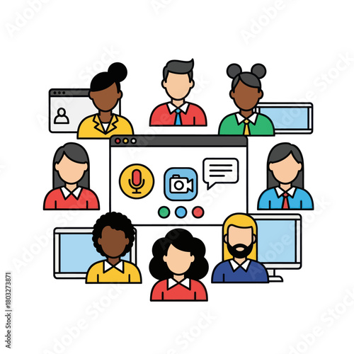 Vector illustration of a diverse team participating in an online video conference meeting.