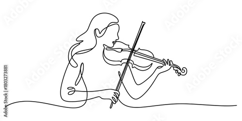 Elegant continuous line art drawing of a female musician passionately playing a classical violin, embodying musical artistry and expressive harmony.