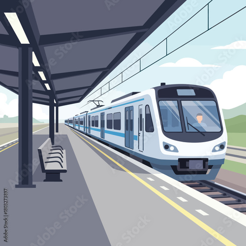 Vector illustration of a modern electric commuter train arriving at an outdoor station platform.