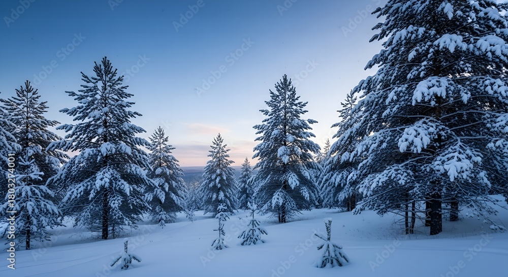 Naklejka premium Snow-covered pine trees in winter a serene landscape perfect for seasonal backgrounds and holiday themes