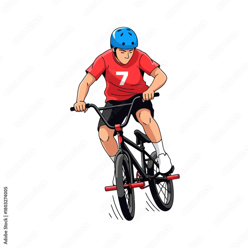 Obraz premium Young male BMX rider in a red jersey and blue helmet performing a jump trick.