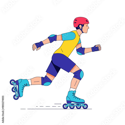 Young man in a red helmet and protective gear enjoying inline skating.