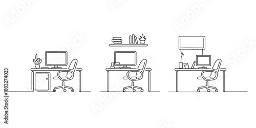Minimalist continuous line art drawing of three modern office workstations with computers, chairs, and essential desk items, representing workspace design.