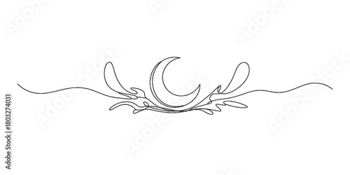Continuous line drawing of an elegant crescent moon with flowing abstract organic flourishes, minimalist celestial design element on white background.