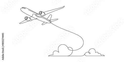 Continuous line drawing of an airplane flying above clouds, symbolizing travel, journey, freedom, exploration, and global connection.