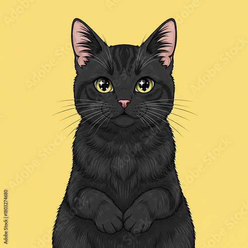 A cute black cat illustrated in anime style, sitting upright with its paws raised, featuring bright expressive eyes and a clean flat yellow background. The artwork has a soft, charmblack