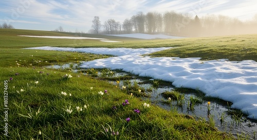 Spring meadow with melting snow and blooming crocuses a scenic landscape of seasonal transition symbolizing renewal and the end of winter