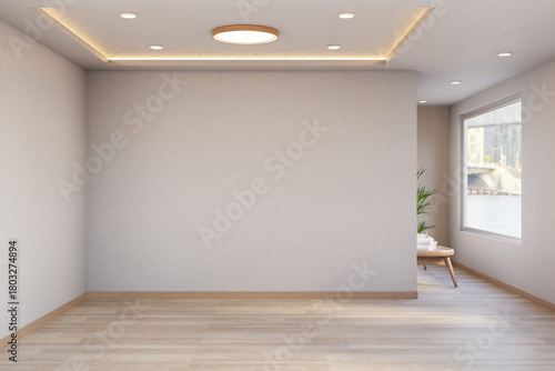 Fototapeta Naklejka Na Ścianę i Meble -  White wall and wooden parquet floor corridor hallway and corner room with spa chair table and window