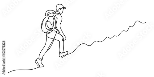 Continuous line art drawing of a person with a backpack hiking up a winding path, symbolizing adventure, progress, and overcoming challenges
