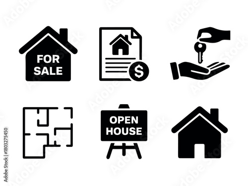 Real estate property house for sale open house key contract plan investment vector icons set design