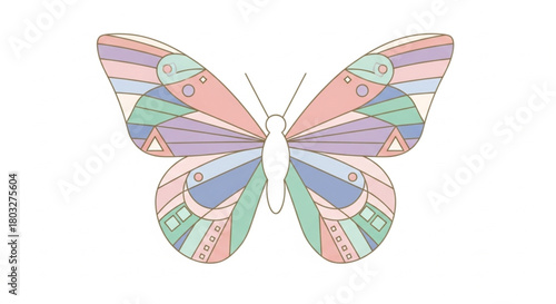 Elegant flat-vector butterfly with symmetrical wings, refined color palette, geometric wing patterns, isolated on pure white background