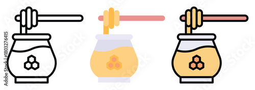 Honey Jar Icon Set in Outline, Color & Flat Style