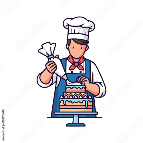 Skilled chef decorating multilayered cake with frosting using piping bag, , showcasing culinary and pastry creation