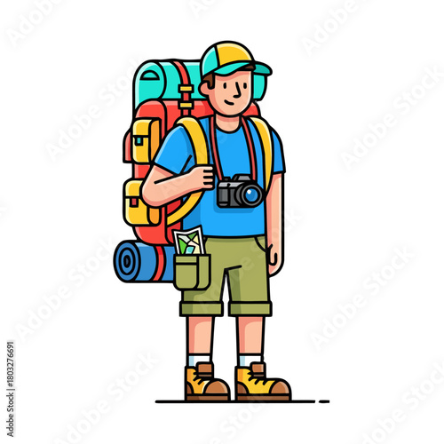 Cartoon traveler with large backpack and camera, ready for an adventure
