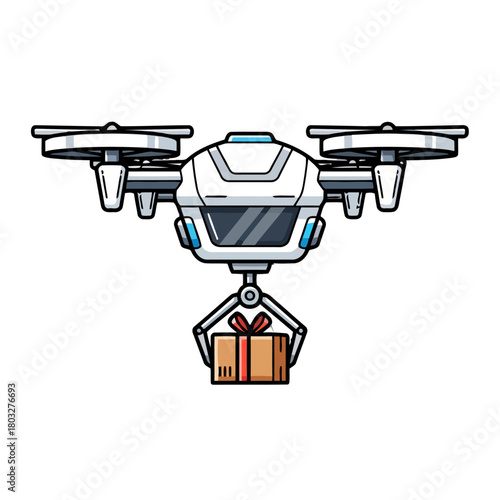 Modern drone delivering gift package with red ribbon, , representing futuristic logistics and express delivery services for online shopping