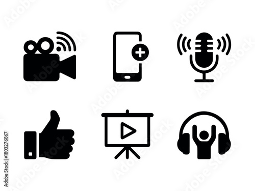 Media production video podcasting live streaming social sharing content creation icons vector set design 100
