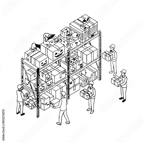 An isometric line drawing people working in warehouse, organizing shelves filled with boxes, some decorated with halloween pumpkin faces