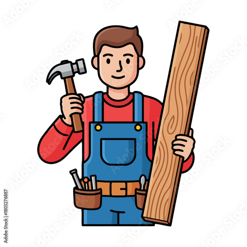 Carpenter in blue overalls and red shirt holds hammer and wooden plank, with tools in his belt