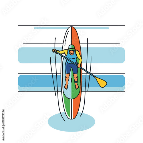 Aerial view of a person paddling on a colorful stand-up paddleboard, vector line art illustration.