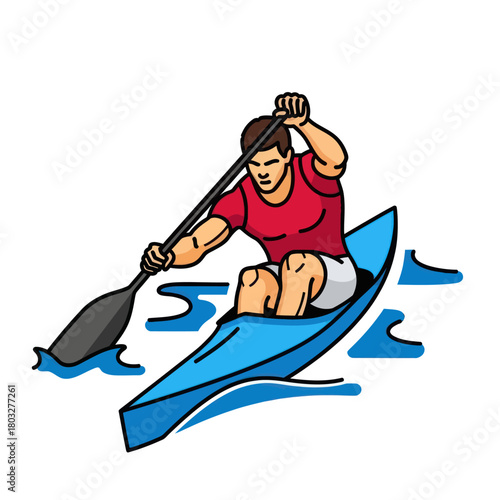 Athletic man in a red shirt paddling a blue kayak, cartoon vector illustration.