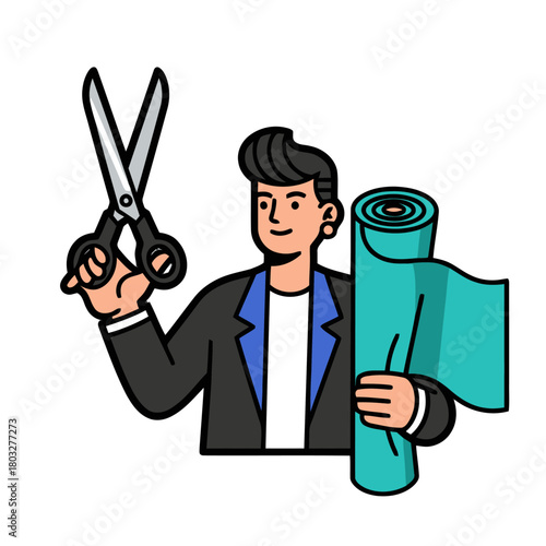 Person holding large scissors and roll teal fabric, , symbolizing tailoring, fashion design, sewing, craftsmanship, and creative textile work