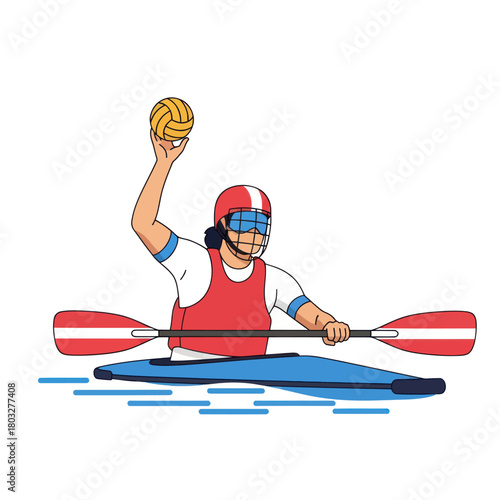 Canoe polo player in a red helmet and vest, holding a ball and paddle in a blue kayak.