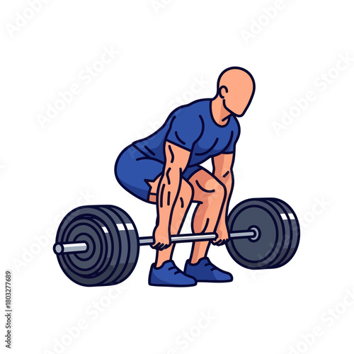 Muscular bald man in blue sportswear performing a deadlift with a heavy barbell illustration.