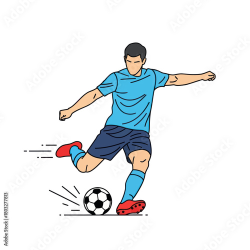 Vector illustration of a male soccer player in a blue uniform kicking a football.