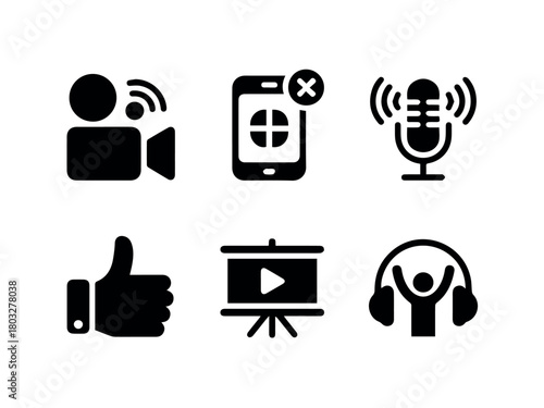 Video podcasting microphone presentation webinar like headphones smartphone cancel icons for online content creation