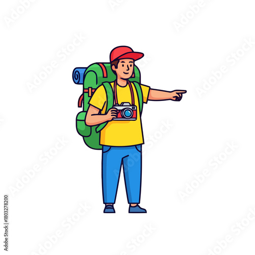 Male traveler with large backpack and camera, pointing forward, suggesting exploration and adventure