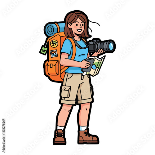 Female traveler with large backpack, camera, and map, looking to the side, embodying sense discovery and travel