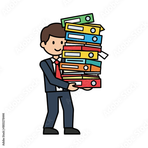 Cartoon man in suit carrying large stack colorful binders and folders