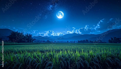 Rice Panicles Under Moonlight in a Silent Night Field