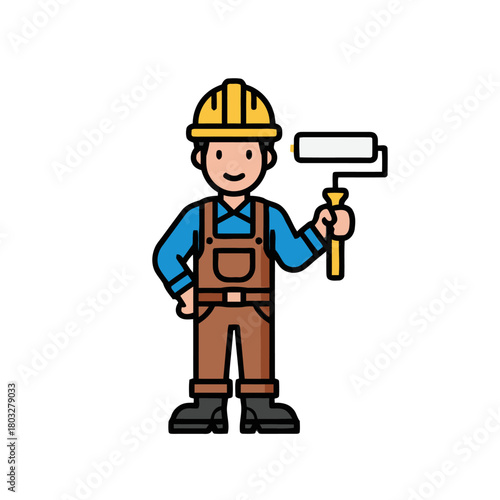 Construction worker wearing overalls and hard hat holds paint roller, ready to paint, symbolizing renovation and building