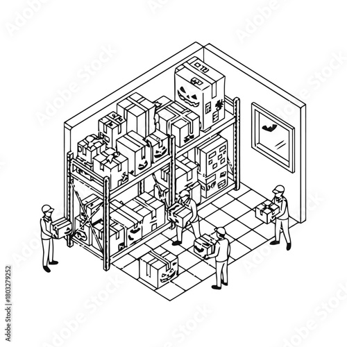 An isometric view warehouse storage rack filled with boxes, with workers moving and organizing inventory