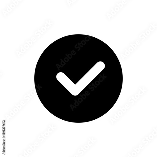 Black circle with white checkmark icon symbolizing success, completion, approval, and validation on a white background.