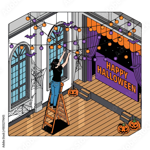 Person decorating room for halloween with string lights and pumpkins, preparing for party or celebration
