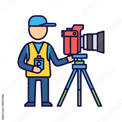 Flat design person wearing cap and vest, holding camera in one hand and remote control in the other, standing next to professional video camera on tripod, representing photography and videography