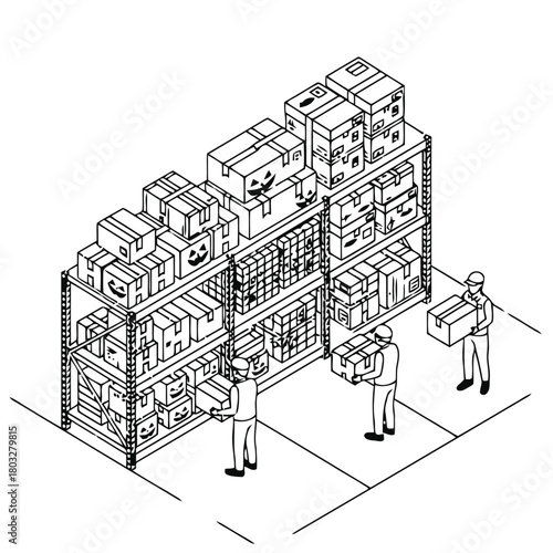 Isometric line drawing people working in warehouse, organizing and moving boxes on shelves, with some boxes featuring halloween pumpkin faces, suggesting inventory management and seasonal logistics
