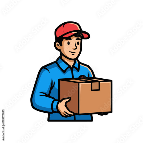 Delivery man wearing red cap and blue uniform, holding cardboard box